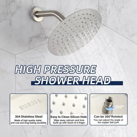 Brushed Nickel Shower System With 8 Inch Rainfall Head Wall Mounted Faucet Set Complete Trim Kit Rough In Valve Body All Metal Construction