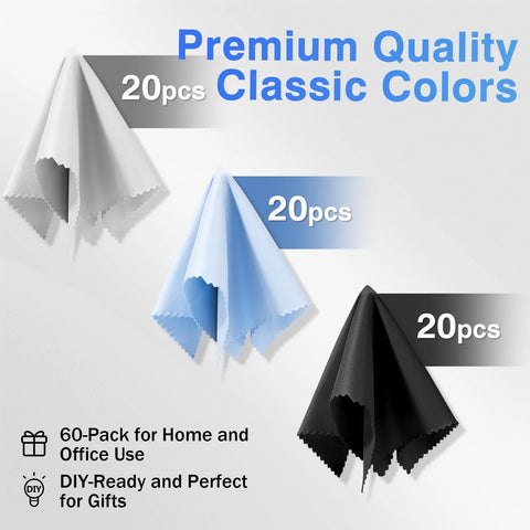 Zeefpod microfiber cleaning cloths for glasses and screens, 60-pack (20 per color: black, grey, light blue), 6x7 in