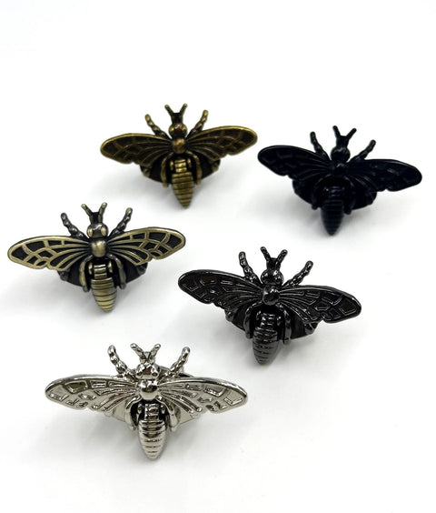 Five bee-shaped metal purse clasps with turn locks; DIY handbag hardware in bronze, antique gold, black, and silver.