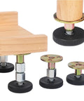 Adjustable Furniture Feet Set Of 12 For Leveling Beds Tables Cabinets And Sofas with threaded posts and non-slip wide foot pads in use.