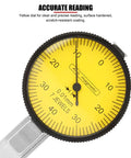 Lever Type Dial Test Indicator Set With Magnetic Base Pro Grade, 32mm Dial, Rotating Bezel, 200mm Flexible Arm, 0 to 0.8mm Range, 0.01mm Resolution, Shockproof Precision for Runout, Parallelism and Concentricity, yellow dial close-up