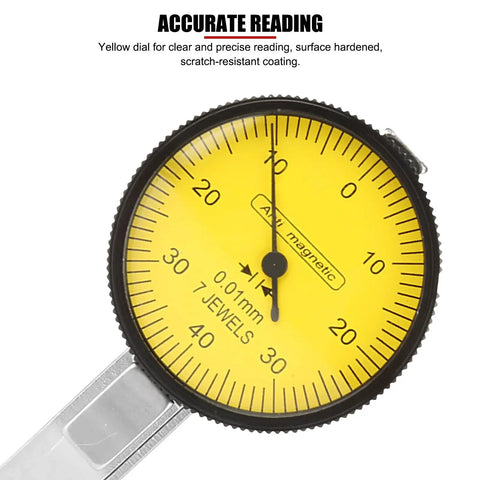 Lever Type Dial Test Indicator Set With Magnetic Base Pro Grade, 32mm Dial, Rotating Bezel, 200mm Flexible Arm, 0 to 0.8mm Range, 0.01mm Resolution, Shockproof Precision for Runout, Parallelism and Concentricity, yellow dial close-up