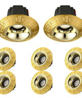 Rock Solid 4.3 Inch Adjustable Eyeball Led Recessed Downlight Solid Brass Housing Baffle Trim showcasing six brass ceiling spotlights.