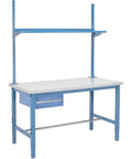 Built Like A Tank Industrial Workbench With Storage Drawers And Utility Rack For Garage Shop Or Job Site Measuring Ninety Six By Thirty Six Inches Supporting Five Thousand Pounds Featuring Adjustable Floor Glides And Laminate Top, blue frame with white laminate top.