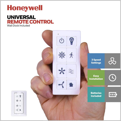 Hand holding Honeywell universal remote for Carnegie 52 Inch Industrial Style Indoor Led Ceiling Fan With Light Remote Control