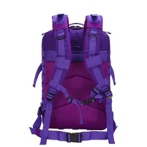 Rear view of 45L Military Tactical Backpack For Men And Women With Molle Daypack Bug Out Bag For Hiking And Trekking 180 Degree Open Unisex Rucksack 17 Inch Laptop Sleeve Ideal For Travel And Outdoor Adventures purple design.