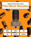 Various 3D printer nozzles including MK8, MK10, FIN, V6, Volcano and RepRap on orange background labeled 'Fits Most Nozzles'.