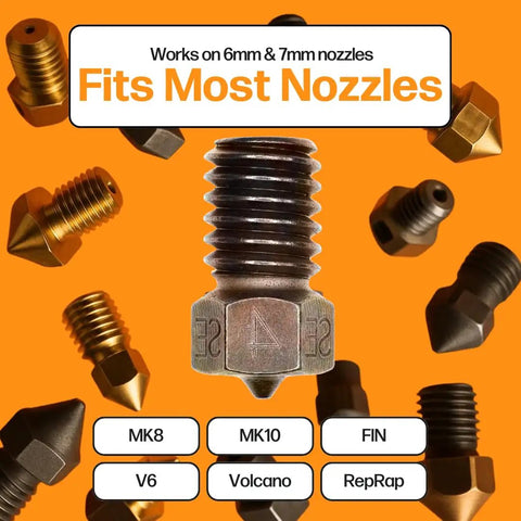 Various 3D printer nozzles including MK8, MK10, FIN, V6, Volcano and RepRap on orange background labeled 'Fits Most Nozzles'.