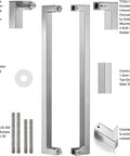 Heavy Duty Commercial Grade 1200mm 48 Inch Stainless Steel 304 Push Pull Door Handle With 1.2mm Thick Wall Square Rectangle Design Mirror Polished Chrome Finish Standoffs And Hex Set Screws For Built To Last Rock Solid Door Hardware, front view