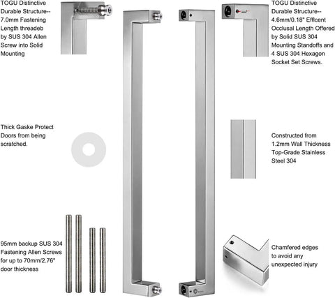 Heavy Duty Commercial Grade 1200mm 48 Inch Stainless Steel 304 Push Pull Door Handle With 1.2mm Thick Wall Square Rectangle Design Mirror Polished Chrome Finish Standoffs And Hex Set Screws For Built To Last Rock Solid Door Hardware, front view
