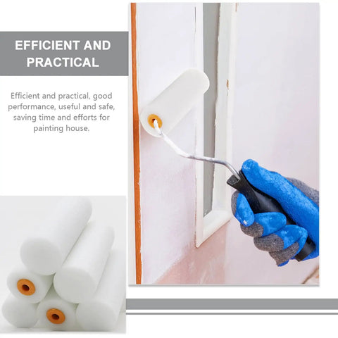 A person using a mini white sponge paint roller cover for walls and ceilings No Drama Mini Size Slick Operation.