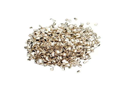 Hard Silver Solder Chips 3 Grams Approx 2000 Pieces 0.5 By 1.0 By 0.25mm Tiny Lead Free Cadmium Free Made In USA For Precision Electronics Soldering And Mini PCB Builds shown in a pile