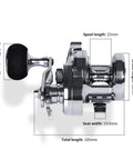 Side view of Saltwater Trolling Fishing Reel With 15Kg 25Kg Max Drag And Five Point Two To One Gear Ratio, JG2500, with dimensions.