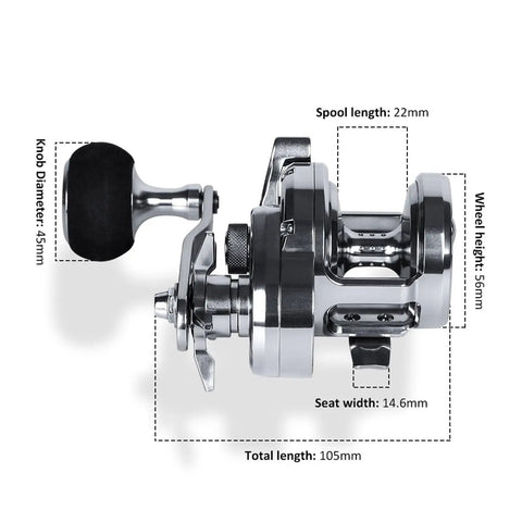 Side view of Saltwater Trolling Fishing Reel With 15Kg 25Kg Max Drag And Five Point Two To One Gear Ratio, JG2500, with dimensions.