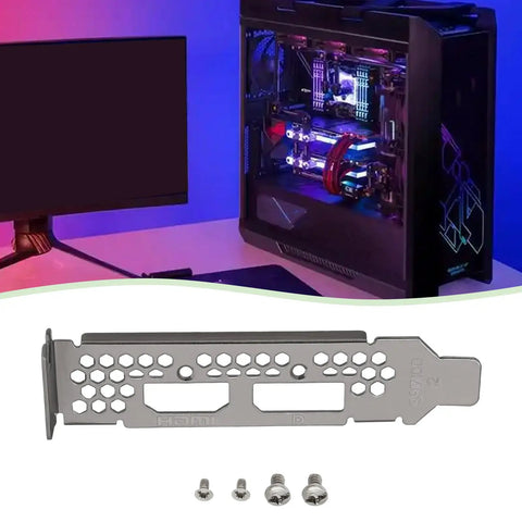 Tough As Nails Low Profile Graphics Card Bracket With Double Displayport And Hdmi Ports For Sapphire Amp Radeon Rx 6400 Lp and screws displayed on a desktop.