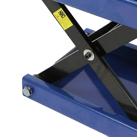 Close-up of blue metal scissor lift component from Beefy 1100 Lb Capacity Motorcycle Lift With Wide Deck Center Crank Hoist For Dirt Bikes And ATVs