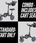 Electric Golf Push Cart With Roomy Seat Featuring Full Directional Remote Nine Speed Levels Mileage Counter Screen And Trueline Tracking; combo version with cart seat detail.