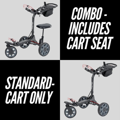 Electric Golf Push Cart With Roomy Seat Featuring Full Directional Remote Nine Speed Levels Mileage Counter Screen And Trueline Tracking; combo version with cart seat detail.