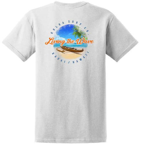 Back view of Mens Outrigger Canoe Logo Heavy Cotton T Shirt 2XL White Ultimate Everyday Surf Tee with beach scenery graphic