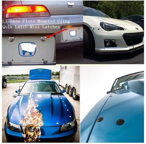 Pack Of 2 Quick Release Latch Lock Clips used on bumper and hood, aluminum alloy, 1.25 inch diameter, shown on cars.