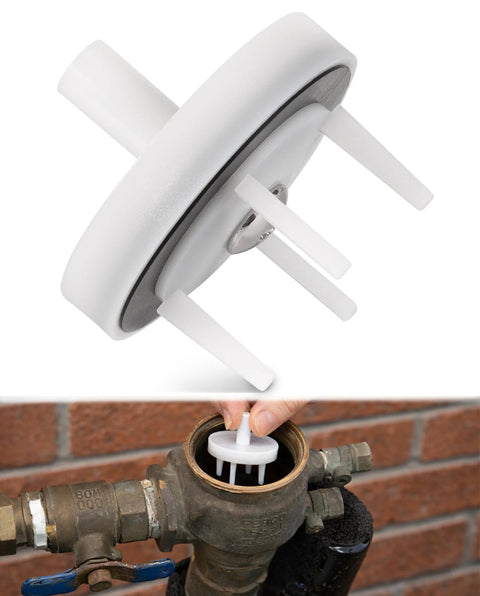 White plastic check valve repair kit for 1 in–1-1/4 in pressure vacuum breaker; shown installed on an irrigation valve.