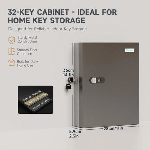 32 Key Lock Box Wall Mounted Key Cabinet With 3 Digit Combo Lock And Backup Key, shown in steel with secure design, dimensions 36x28x5.9 cm.