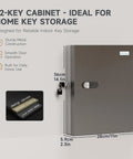 Side view of 32 Key Wall Mounted Lock Box With Dual Lock Key And 3-Digit Combo, writable key racks and tags on grey surface