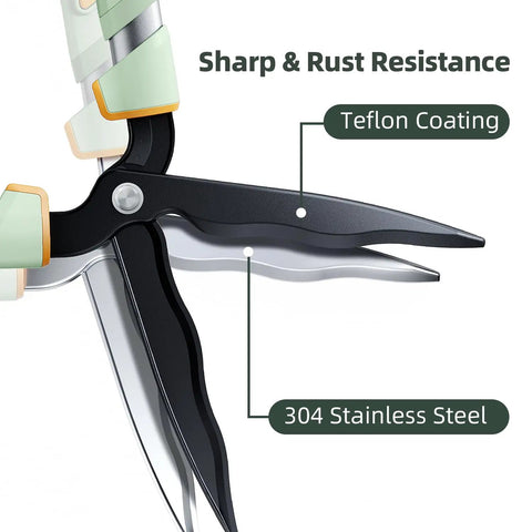 Close-up of Extendable Hedge Shears With No Ladder Needed 27 To 35 Inch Reach Wavy Stainless Steel Blades Teflon Coated.