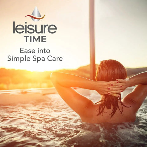 Woman relaxing in hot tub, sunset view, showcasing Simple Spa Care Enzyme for hot tub oils and oils removal, extends relaxation.