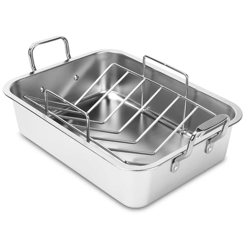 Nonstick 15 Inch Stainless Steel Roasting Pan With V Rack And Cooling Rack, rectangle shape, sturdy handles