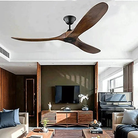 Slick Retro Wooden Ceiling Fan With Built In Light And Wireless Remote Cools Down Rooms In No Time While Setting A Chill Vibe For Living Spaces And Bedrooms Boasts Silent Dc Engineering And Effortless Mounting in a modern living room.