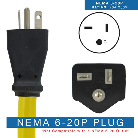 NEMA 6-20 Heavy Duty Extension Cord 20 Amp 250 Volt 25 Feet Weatherproof Molded Design plug and compatibility diagram