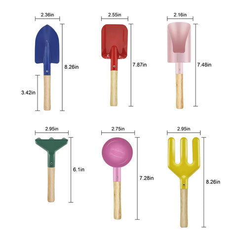 Six Piece Kids Garden Tools Set With Shovel, Rake, Trowel, Scoop, Spoon And Fork - Lightweight, Brightly Colored Beach Sandbox Toys For Kids, Eight Inch Tools For Little Builders, Easy Grip For Outdoor Play