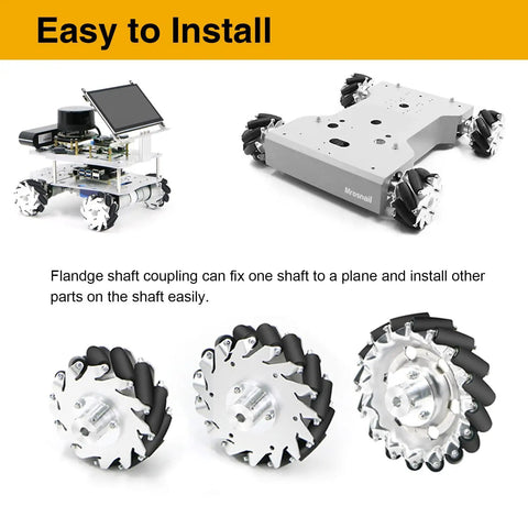 Various RC chassis with wheels and flange shaft coupling, showing installation ease for hobby projects