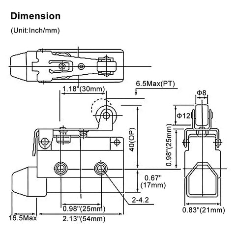 Dimensions diagram of Limit Switch TZ-7141 With Short Hinge Roller Lever Actuator for CNC and Automation, IP65 Waterproof.