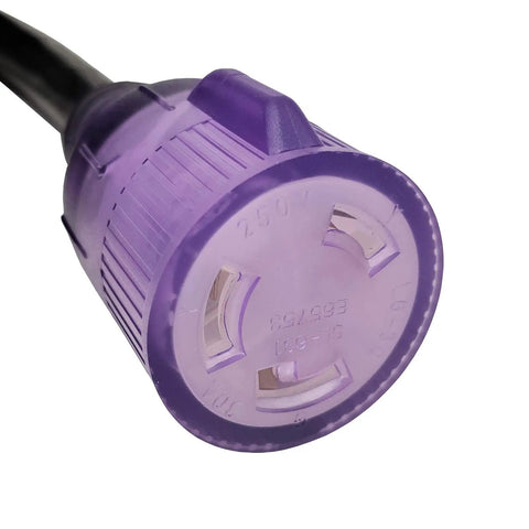 Close-up of a purple twist lock connector on a Locking Extension Cord 50 Feet Heavy Duty NEMA L6 30P to L6 30R 30 Amp 250 Volt