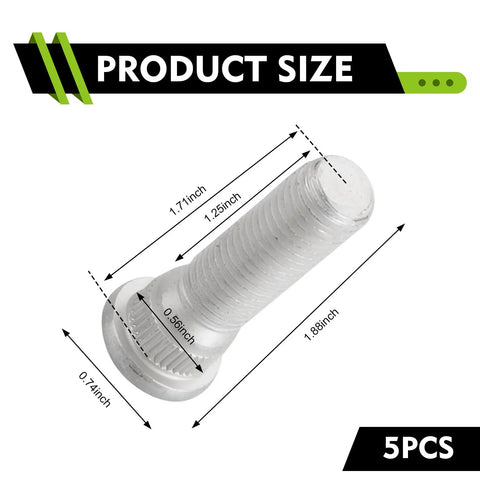 Built Tough Steel Wheel Studs M12x15 Thread Five Piece Extended Hub Screws For Chevy Toyota Lexus Replacement Parts In Matte Silver Finish, dimensions shown.