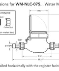 Diagram showing dimensions and fittings for Three Quarter Inch Water Meter Lead Free Brass NSF Certified Multi Jet Gallons Horizontal Installation.