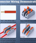 Mini Lever Nut Wire Connector Set SCH-2 with step-by-step installation guide showing quick spring terminal block use