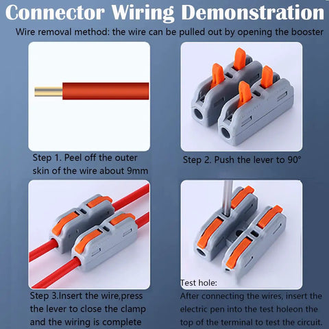 Mini Lever Nut Wire Connector Set SCH-2 with step-by-step installation guide showing quick spring terminal block use