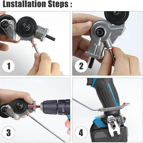 Installation steps for Tough As Nails Electric Drill Attachment showing nibbler setup with tools for easy metal cutting.