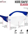Assorted Color Kids Safety Glasses 12 Pack Over Glasses Design With Ansi Z87 Rating For Youth Providing Soft Tr90 Frames And Straight Up Eye Protection That Hits Different On Small Faces So They Stay Secure During Sports Practice Or Chilling Inside with blue wrap around style and clear anti-scratch lens.