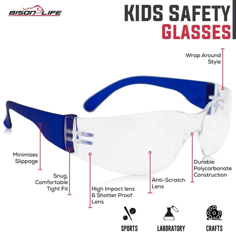 Assorted Color Kids Safety Glasses 12 Pack Over Glasses Design With Ansi Z87 Rating For Youth Providing Soft Tr90 Frames And Straight Up Eye Protection That Hits Different On Small Faces So They Stay Secure During Sports Practice Or Chilling Inside with blue wrap around style and clear anti-scratch lens.