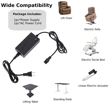 Universal 29V 2A 2 Pin AC DC Switching Power Supply Adapter with cord and compatible furniture images.
