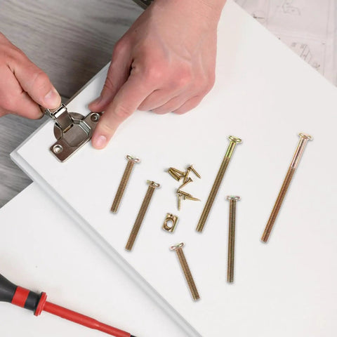 51 Piece Furniture Connector Bolt Kit With Copper Alloy Screws And Nuts on white surface, golden hex socket heads