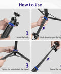 Instructional steps showing how to use 62 Inch Extendable Selfie Stick Tripod For GoPro And Osmo Pocket 3 with 360 Degree Ball Head.