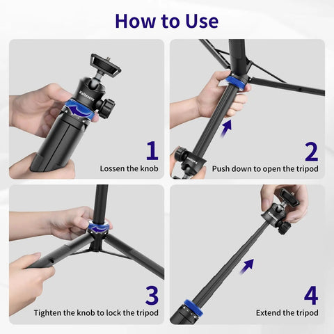Instructional steps showing how to use 62 Inch Extendable Selfie Stick Tripod For GoPro And Osmo Pocket 3 with 360 Degree Ball Head.