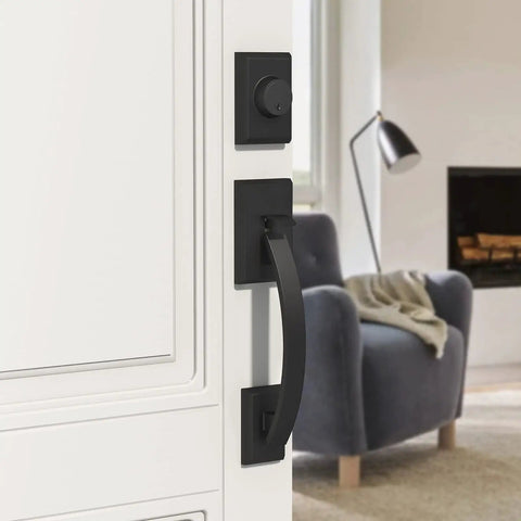 Matte Black Front Door Lock Set With Beefed Up Heavy Duty Handleset And Single Cylinder Deadbolt For Home Or Office, easy install.