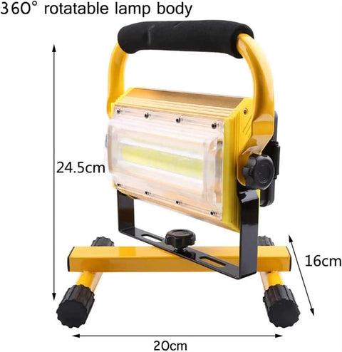 100W 2000Lm Led Work Light Rechargeable Portable Floodlight Ip65 Water, rotatable lamp body and adjustable stand dimensions.