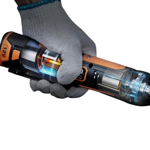 Doggone Tough 3/8 Inch Cordless Electric Ratchet Wrench Kit with 12V motor visible in a gloved hand for quick shop tasks.